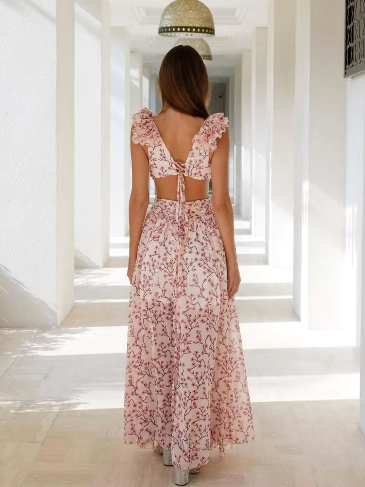 Robe longue rose fleurie de dos