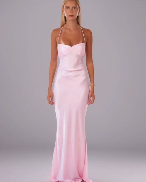 Robe satin rose femme longue