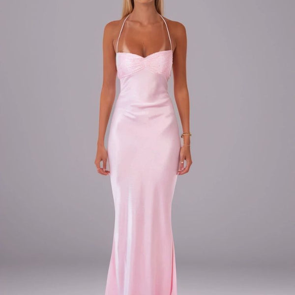 Robe satin rose femme longue