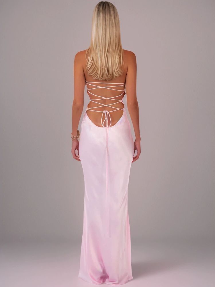 Robe satin rose femme longue