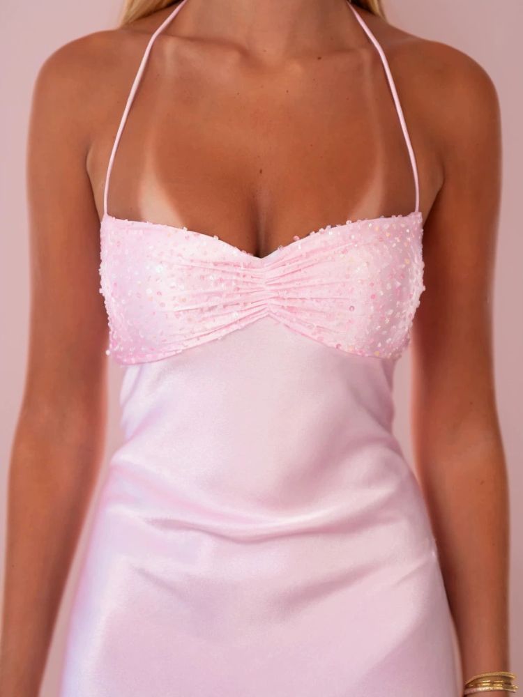 Robe satin rose femme longue