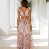 Robe longue rose fleurie de dos